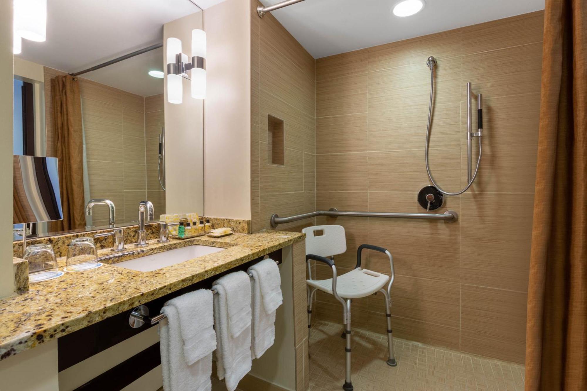 Quarto com Cama King-size, Chuveiro Acessível a Cadeirantes e Vista da Cidade - Acessível para Hóspedes com Mobilidade Reduzida/Não Fumantes